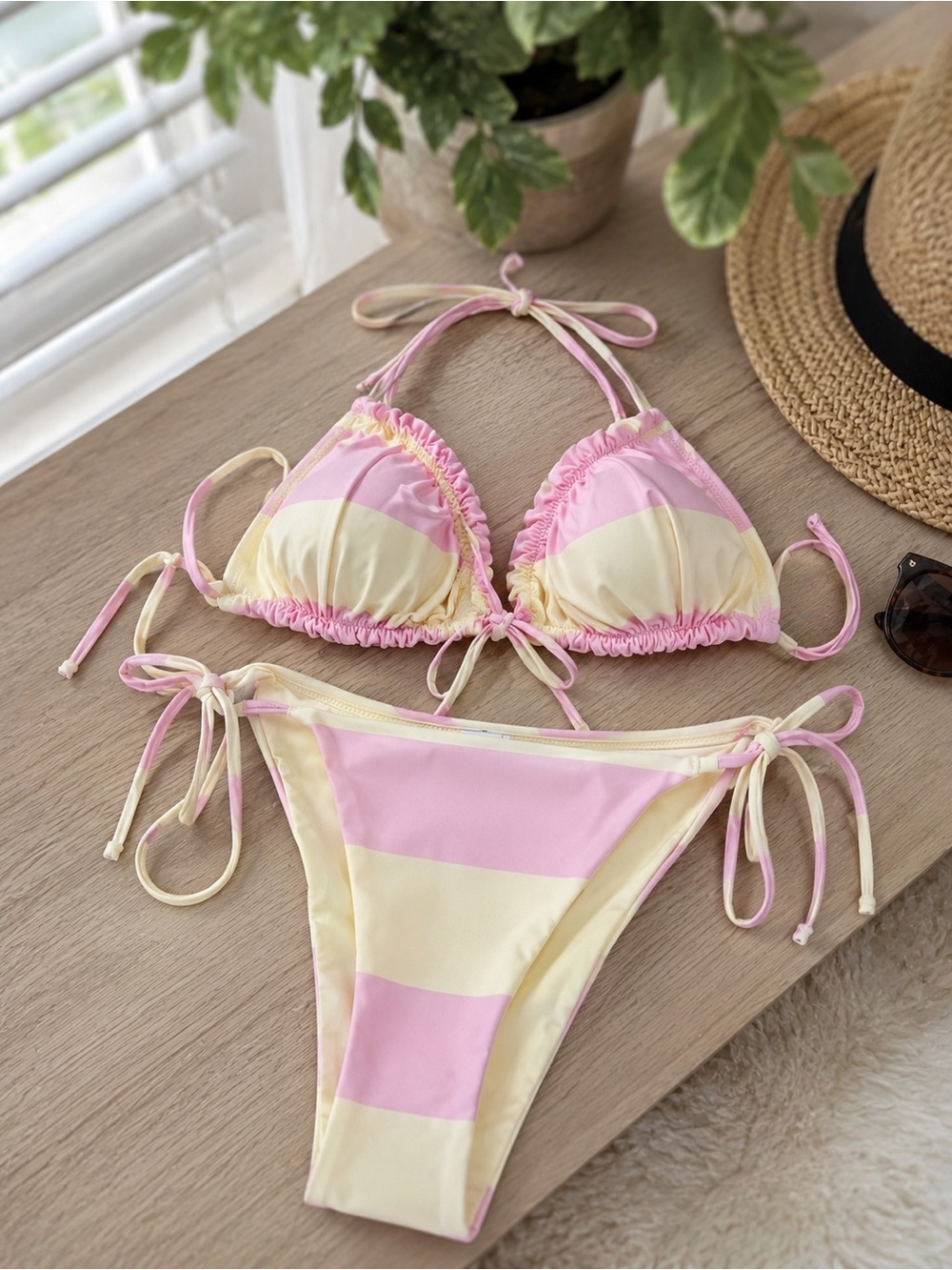 Aerie Pink Yellow Striped Bikini Set Size Small NWT Tie Side Swim